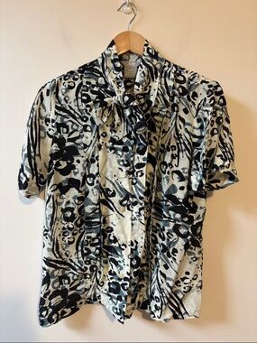 Joe Fresh Black & Ivory Animal-Print Tie-Neck Silk Blouse